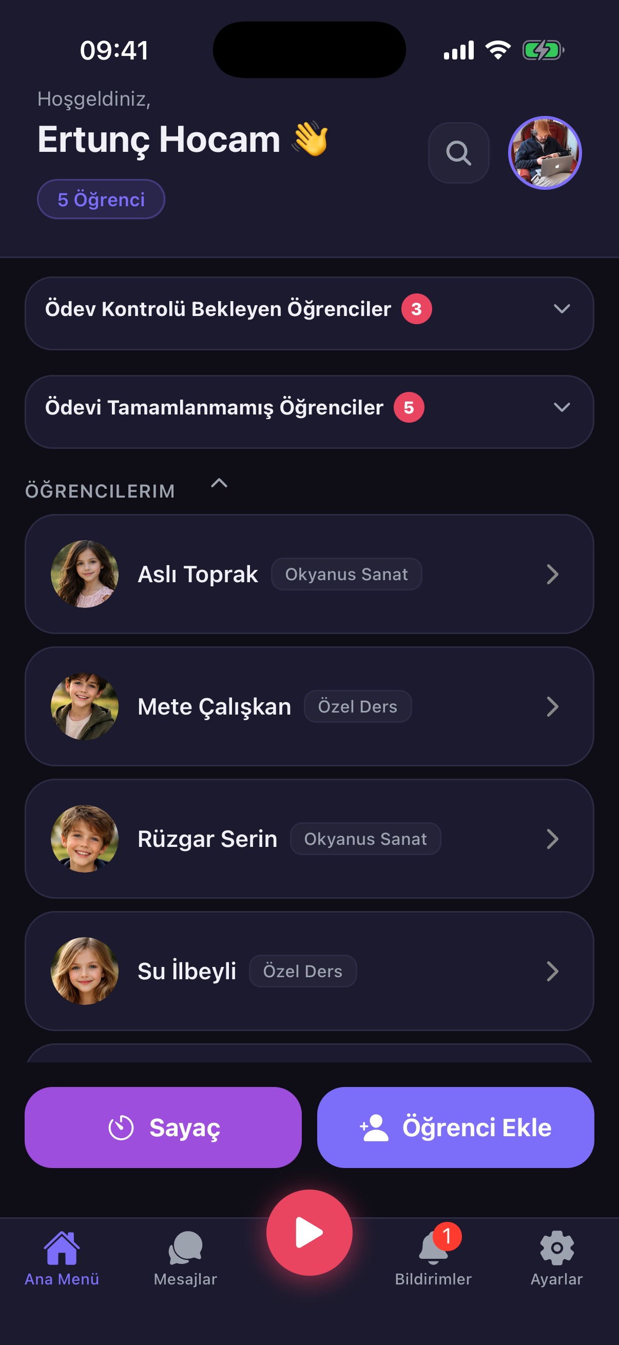 Müzik Dersim — Öğretmen ana ekranı